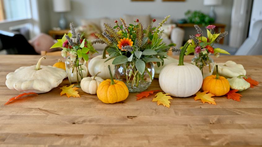 Decorative gourds arranged for fall outdoor décor.