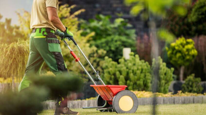 New jersey homeowner using lawn treatment supplies in fall